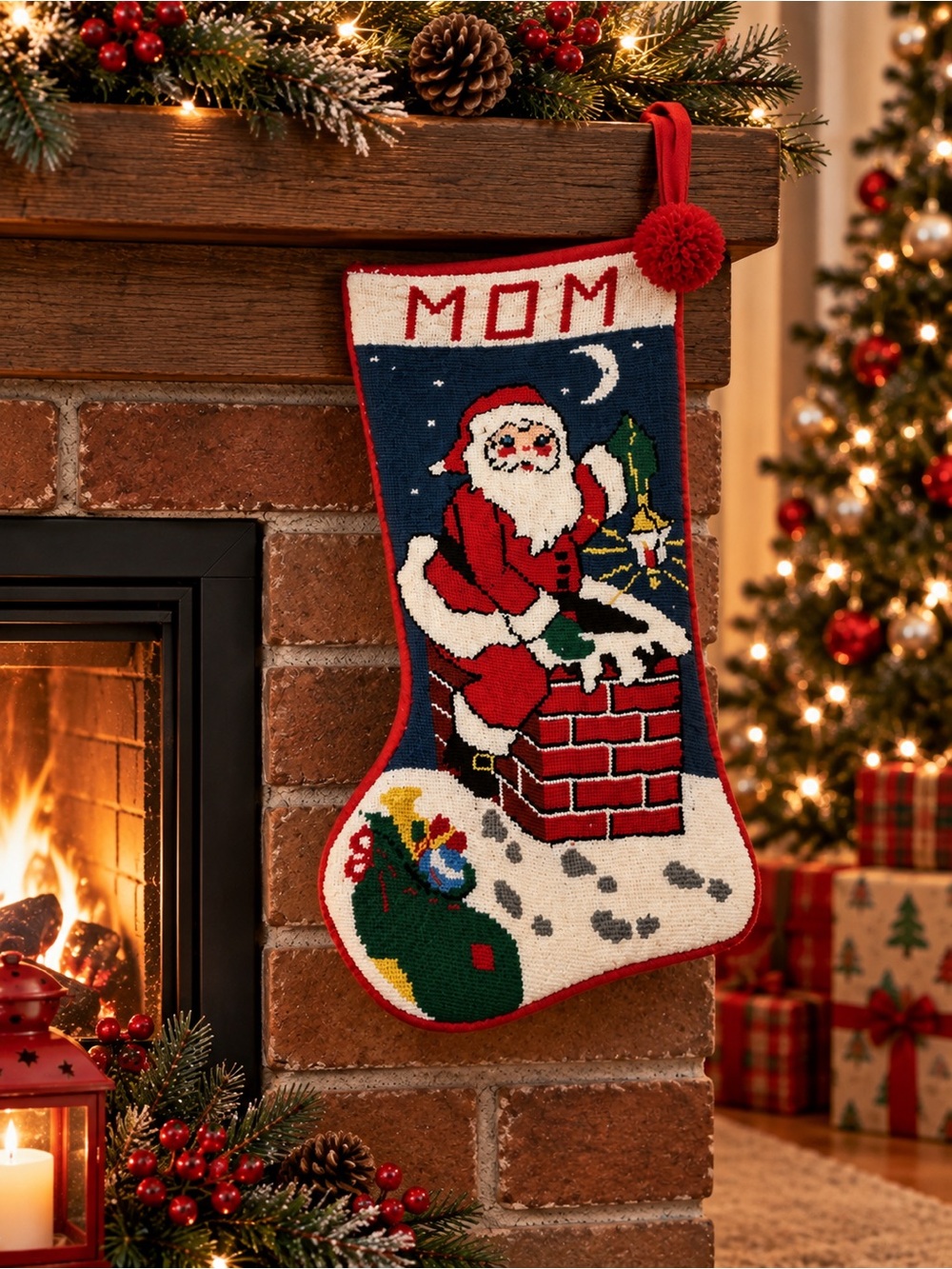 Vintage Christmas Santa Cross Stitch Needlepoint Stocking for Mom 14โ Moon Red